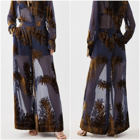 Karen Millen New Navy Blue Feather Devore Woven Wide Leg Dress Pants US SZ 8 - Picture 1 of 12